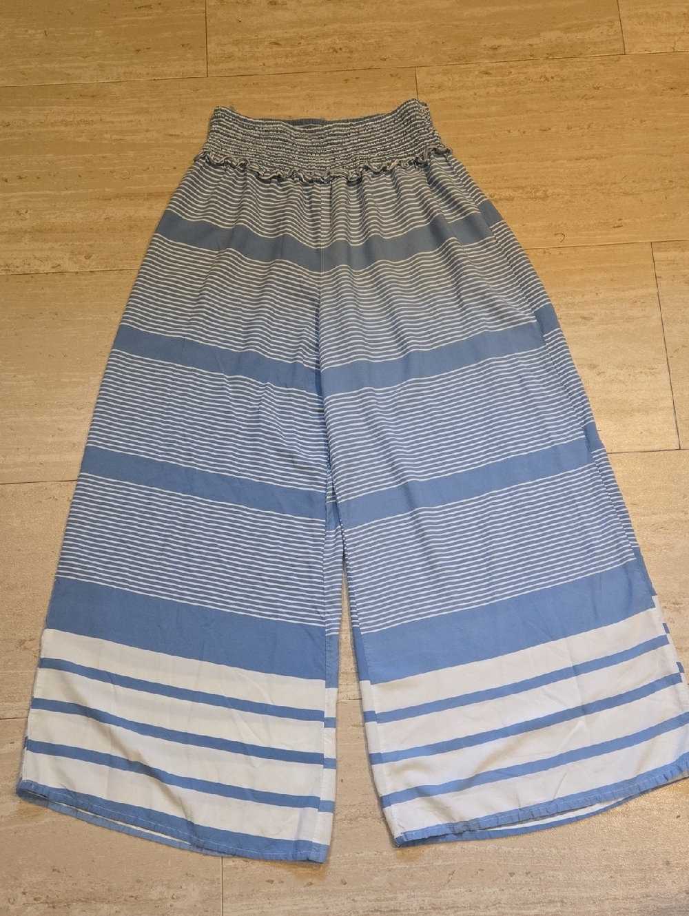 Goa Beachwear by Japna Blue/White Striped Flowy Wide Leg Boho Pants